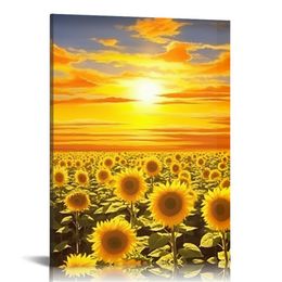 Sunflower Canvas Prints Wall Art Yellow Flower at Sunset Landscape Pictures Paintings Stretched and Framed Artwork for Home Office Wall Decorations