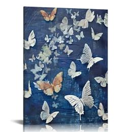 Rustic Dandelion Butterfly Canvas Wall Art Wish Flowers Navy Blue Picture Artwork for Bathroom Bedroom Home Decor Ready to Hang