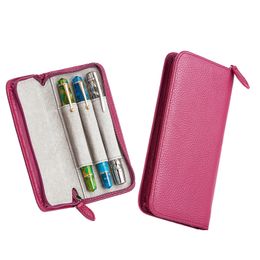 Asvine Genuine Leather Pencil Case Fountain Pen Case Rose Red 3 Divided Slots Zippered Pen Pouch Handmade Display Holder 240521