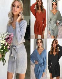Long Sleeve Vneck Knitted Dress Women Casual Sash Autumn Winter Sweater Skirt Ladies Sexy Elegant Wrap Pullover Dresses4428892