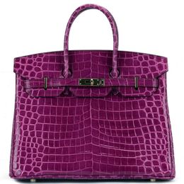 German French High-End Custom Ladies Fashion Crocodile Pattern Bag Genuine Leather Handbag Large Bag Crocodile Skin 35cm Womens Cow Lea 2438