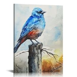 Blue Bird Wall Art Bird Pictures Wall Decor Canvas Print Sparrow Painting Modern Home Bathroom Decorations Framed Artwork For Bedroom Living Room