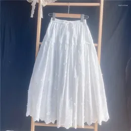 Skirts White Cotton Lace Round Floral Long Skirt High Waist A-line For Women 2024 Spring Summer