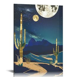 Cactus Canvas Wall Art Golden Cactus Malowanie Sztuka Druki ciemnoniebieskie i zielone nordyckie wystrój stylu