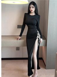 Casual Dresses 2024 Spring Women's Sexy Spicy Girl Backless Bevel Split Lace Up Long Sleeve Solid Colour Slim Wrap Hip Mid Length Dress CKC6