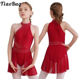 Kids Girl Gymnastics Leotard Dress Glittery Rhinestones Sleeveless Ballet Tutu Ballroom Figure Ice Skating Dress Dance Costume 240528