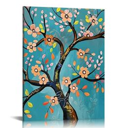 Cherry Blossom Pictures Wall Art Oriental Flower Art Teal Blue Plum Blossom Flower Traditional Chinese Artwork Gallery Wrapped Ready to Hang