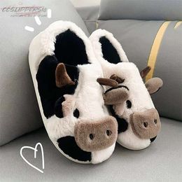 Slippers Upgrate Cute Animal Slipper For Women Girls Kawaii Fluffy Winter Warm Woman Cartoon Milk Cow Home Funny Shoes 230921
