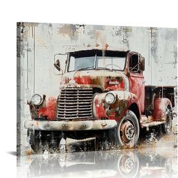 Rustic Truck Canvas Wall Art Old Car Pictures Farmhouse Living Room Wall Decor Country Style Artwork Framed Posters Paintings (Red)