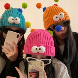 Cute Cartoon Big Eyes Beanies Caps Women Korean Funny Couple Knitted Hat Y2k Fashion Winter Warm Cold Cap For Party 240528