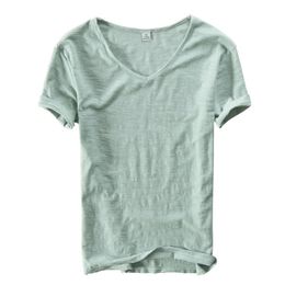 Summer T Shirt Men Linen Cotton Short Sleeve Tshirt Vneck Tops Tee Breathable Comfortable Slim Dropshopping 240520