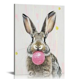 Bubblegum Bunny oprawiony na płótnie sztuka ścienna, kapryśna sztuka zwierząt