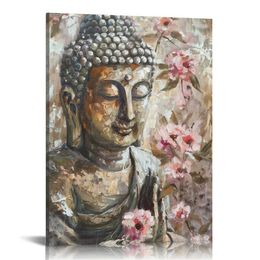 Buddha Decor Wall Art Golden Zen Picture Abstract Religious Lotus Flowers Canvas Artwork for Living Room Bedroom Walls