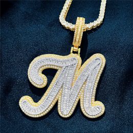 Custom AZ Cut Full Real Icy Baguette Cursive Letters Pendant Necklace Gold Silver Cubic Zirconia Men Women with 24inch Rope Chain 317r