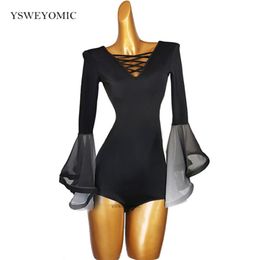 2021 Black Sexy Women ballroom Dance Tops Shirts Long-Sleeved Clothes Flamenco Blouses Standard Modern Practise Dance Bodysuit 244S