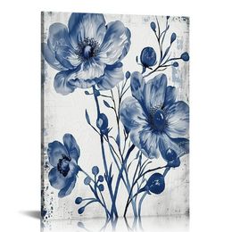 Beautiful Blue Flower Canvas Print Wall Art Decor for Home or Office Stunning Floral Wall Art Ready to Hang for Bedroom Bathroom Living Room Each Panel Set of 4 (Small)