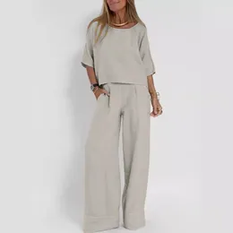 Women's Two Piece Pants Women Solid Colour Linen Suits Casual Loose Three Quarter Sleeved Tops Side Pockets Wide Leg Long Straight Trousers