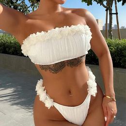 Women's Swimwear Sexy Lace Ruffle Swimsuit Women 2024 Strapless Backless Bikini Set White High Waist Bathing Suit Summer Beach Outfits