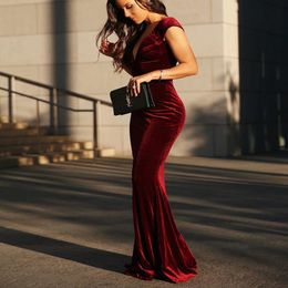 2021 Mermaid Evening Gown Red Evening Dress Vintage Formal dress Long Prom Dress Velour Party Gowns Robe De Soiree 288i