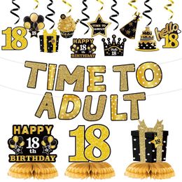 Banners Streamers Confetti 26pcs 18th Glitter Black Gold Birthday Banner Party Decorations Time To Adult 18 Birthday Decor Hanging Swirls Banner Honeycom d240528