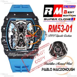 Pablo MacDonough 53-01 Manual Wind Real Tourbillon Mens Watch RMF Black TPT Quartz Carbon Skeleton Dial Blue Rubber Strap Super Edition Puretime Reloj PTRM