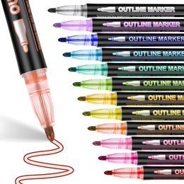 Watercolor Brush Pens Markers 8/12/24 Color Double Line Outline Pen Self Contour Metal Mark Flash Writing Christmas Card Writing Drawing Pen WX5.27
