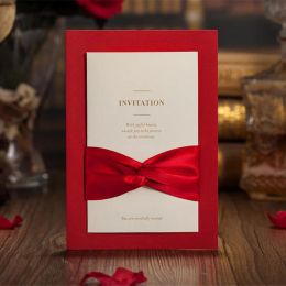 Red Hollow Laser Cut Cards Wedding Invitations Card Personalised Custom Printable with Red Ribbon Event Party Supplies Wholesale 30pcs ZZ