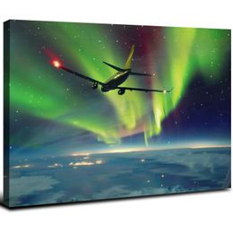 Bathroom Wall Art Decor for Bedroom Living Room Small Canvas Wall Art Framed Aerial view Northern Lights from window an flying Prints Artwork Pictures Kitchen Office