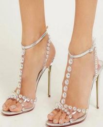 2022 New Arrival Pearl Transparent PVC Shoes Sexy Silver Sandal Heels Women039s Summer Shoes Open Toe Stiletto Party Wedding Fe6508701