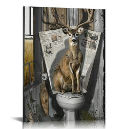 Deer Reading Newspaper In Toilet Canvas Prints Wall Art Paintings Home Decor Artworks Pictures For Living Room Bedroom Bathroom Decoration Ready To Hang