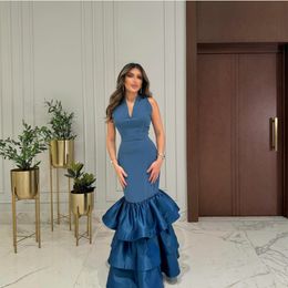 Elegant Long Blue V-Neck Satin Evening Dresses Mermaid Ruffles Sweep Train Zipper Back Prom Dresses Pleated for Women