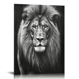 King of The Jungle Lion in Shadows Black and White Photography Canvas Wall Art, Multi-Color