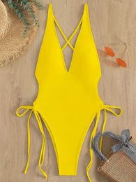 Women's Swimwear Sexy Plunging One Piece Swimsuit Womens Swimwear 2024 Lace Up Swimming Suit for Women Monokini Beachwear Solid z240528 z240528