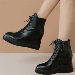 Boots Pumps Shoes Women Lace Up Genuine Leather Wedges High Heel Ankle Female Top Round Toe Fashion Sneakers Casual