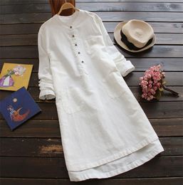 Womens Solid Full Sleeve ONeck Summer Cotton Linen Maxi Dress Long Sleeve Casual Boho Kaftan Tunic Gypsy Ethnic S5XL Y2008056276656