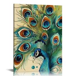 Canvas Wall Art Peacock Feather Teal Blue Turquoise Floral Green Leaf Picture Modern Artwork Printed on Canvas for Wall Decor Framed Ready to Hang