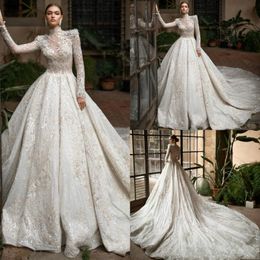 2020 New Luxury Wedding Dresses High Neck Long Sleeves Fulle Lace Beading Tulle Wedding Gowns Bride Dress Vestido de noiva 3302