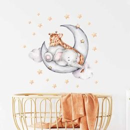 Wall Decor Cartoon Sleeping Elephant Giraffe Wall Stickers for Childrens Room Baby Room Decorative Moon Nursery Bedroom Kids Room Wall Art d240528