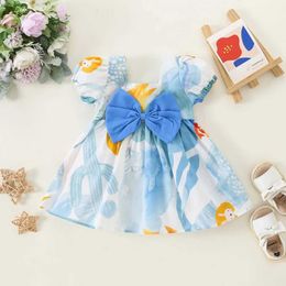 Girl's Dresses Summer New Baby Girls Dress Big Bow Square Collar Bubble Sleeve A-Line Skirt Hand-Painted Wind Cartoon Rabbit H240527