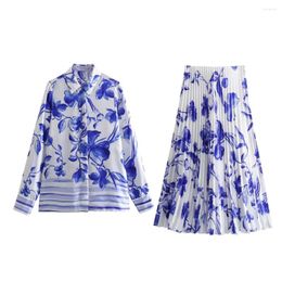 Work Dresses Zach Ailsa 2024 Spring Product Women's Retro Blue Flower Print Interlining Pressed Pleated Skirt Set