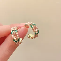 Dangle Earrings Trendy Pink Flower Green Leaf C Shape Drop For Women Wedding Party Golden Colour Enamel Oil Metal Geometry Jewellery Gift