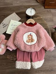 Clothing Sets Baby Girls Children Suits Sportwear Winter Warm Plus Velvet Kids Fashion Casual Cartoon Cute Top Coat Pants Child 2Pcs Set