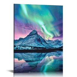 Arte da parede de Aurora sobre o cenário da montanha Picture Northern Lights Print Farmhouse obra emoldurada Obra de arte Starry Sky Landscape Bedroom Wall Decor