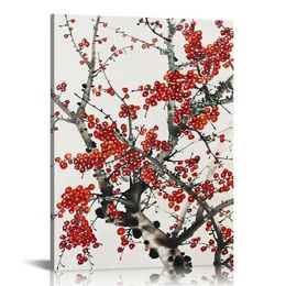 Canvas Wall Art Red Blooming Plum Canvas Print Artwork Ink Style Flower Wall Art Modern Picture Print for Living Room Dinning Room Bedroom Bathroom Home Decor