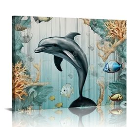 Retro Oceano Aquático Aquático Decoração Arte da parede Tartaruga Imagem para banheiro Cinza da lona náutica Fundo de grãos de madeira Dolphin Caranguejo de cavalo marinho
