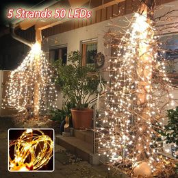 Strings LED Christmas Tree Waterfall Fairy Lights Battery Operated Outdoor Waterproof Copper Wire String Garden Party Xmas Decor