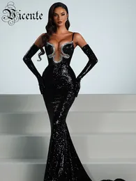 Casual Dresses VC Luxury Women'S Elegant Dress Sexy Spaghetti Straps Rhinestones Sequins Tight Mermaid Maxi Black Evening Gown With Gloves