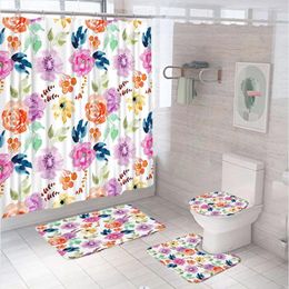 Shower Curtains Pink Purple Floral Curtain Set Watercolour Flower Girl Art Bathroom Non-Slip Bath Mat Carpet Rug Toilet Lid Cover