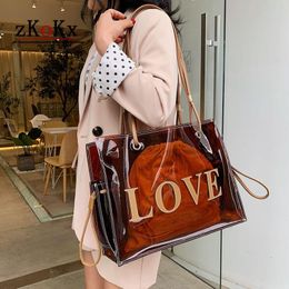 Fashion Love Transparent Handbag For Women 2021 Clear Lady Shoulder Bag Summer Beach Big Totes Large-capacity Woman Travel Bag 233l