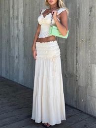 Combhasaki Womens Y2K Vintage Summer 2 Piece Outfits Lettuce Trim Off-Shoulder TopsElastic Ruched Long Skirt Set for Streetwear 240528